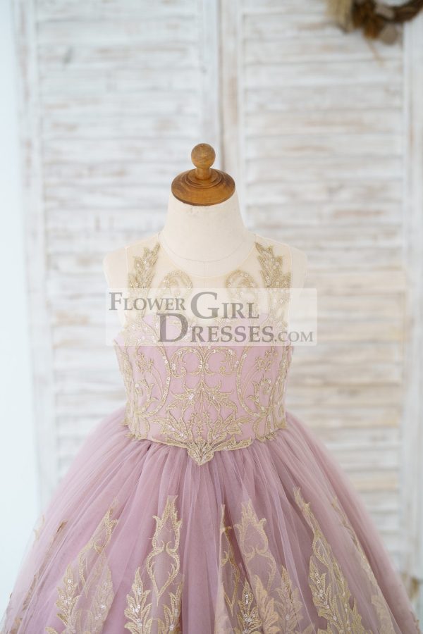 Mauve Tulle Gold Lace Sheer Back Wedding Flower Girl Dress Kids Party Dress - Image 3