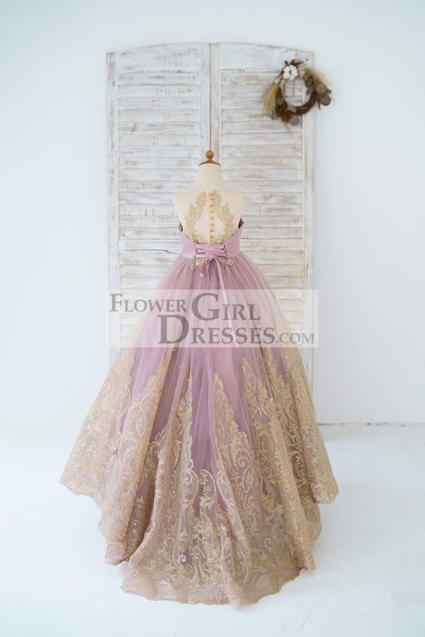 Mauve Tulle Gold Lace Sheer Back Wedding Flower Girl Dress Kids Party Dress - Image 2