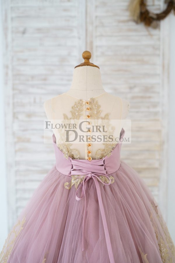 Mauve Tulle Gold Lace Sheer Back Wedding Flower Girl Dress Kids Party Dress - Image 4