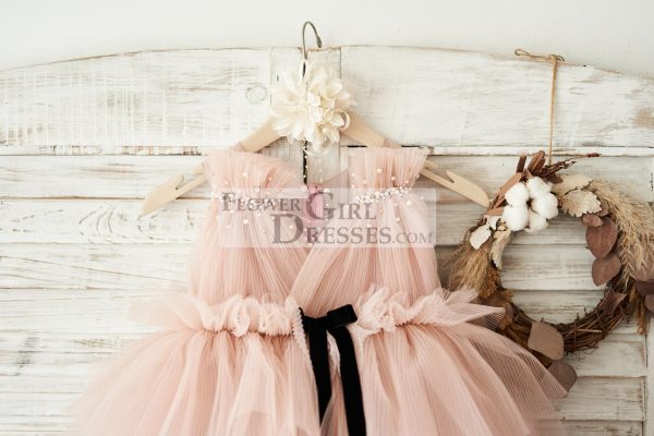 Princess Mauve Tulle V Neck Wedding Flower Girl Dress, Beading - Image 3