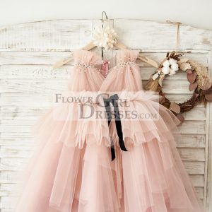 Princess Mauve Tulle V Neck Wedding Flower Girl Dress, Beading