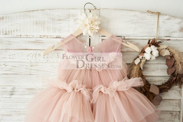 Princess Mauve Tulle V Neck Wedding Flower Girl Dress, Beading - Image 4