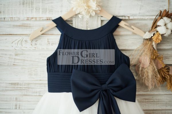 Navy Blue Chiffon Ivory Tulle Halter Neck Wedding Flower Girl Dress, Bow - Image 3