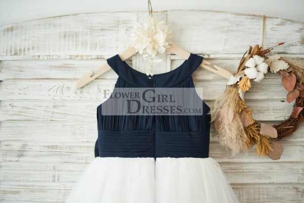 Navy Blue Chiffon Ivory Tulle Halter Neck Wedding Flower Girl Dress, Bow - Image 4