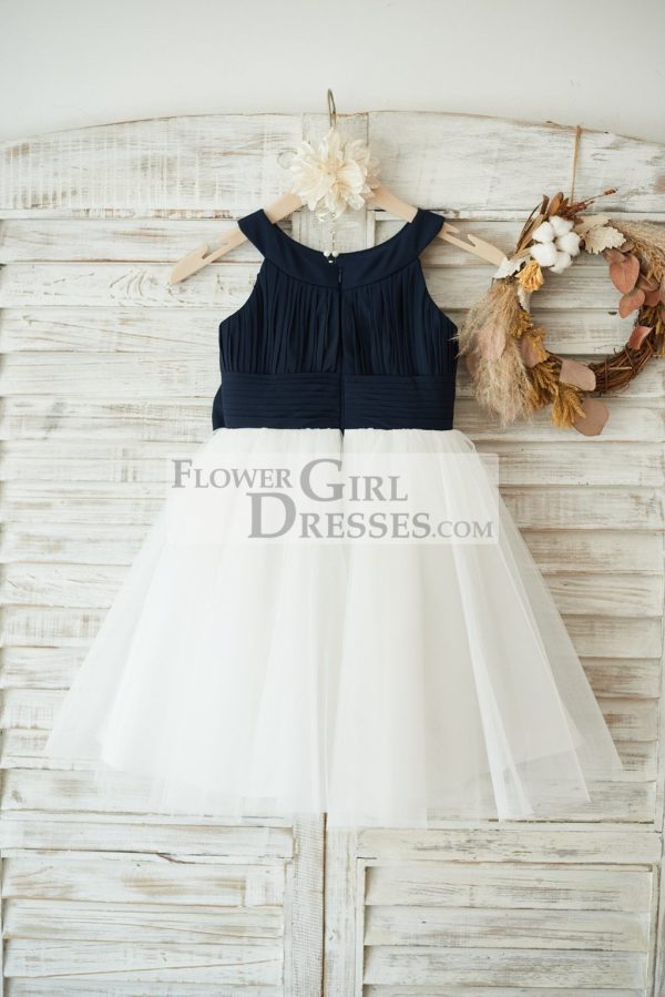 Navy Blue Chiffon Ivory Tulle Halter Neck Wedding Flower Girl Dress, Bow - Image 2