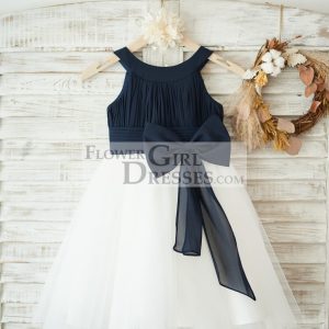 Navy Blue Chiffon Ivory Tulle Halter Neck Wedding Flower Girl Dress, Bow