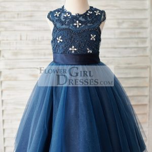 Navy Blue Lace Glitter Tulle Beaded Cross Back Wedding Flower Girl Dress