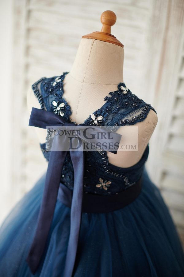 Navy Blue Lace Glitter Tulle Beaded Cross Back Wedding Flower Girl Dress - Image 4