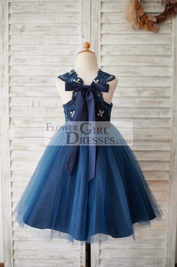 Navy Blue Lace Glitter Tulle Beaded Cross Back Wedding Flower Girl Dress - Image 2