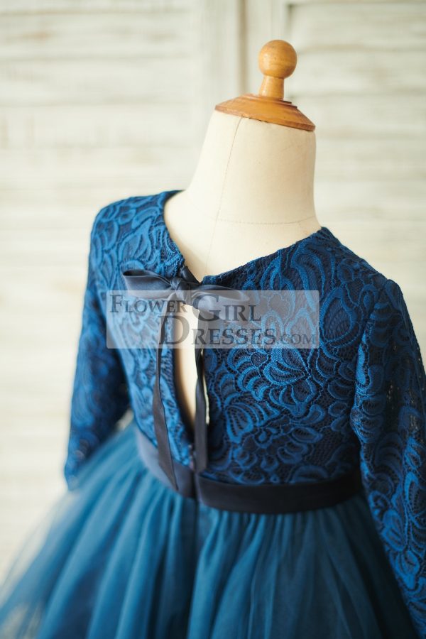 Navy Blue Lace Tulle Long Sleeves Wedding Flower Girl Dress - Image 4