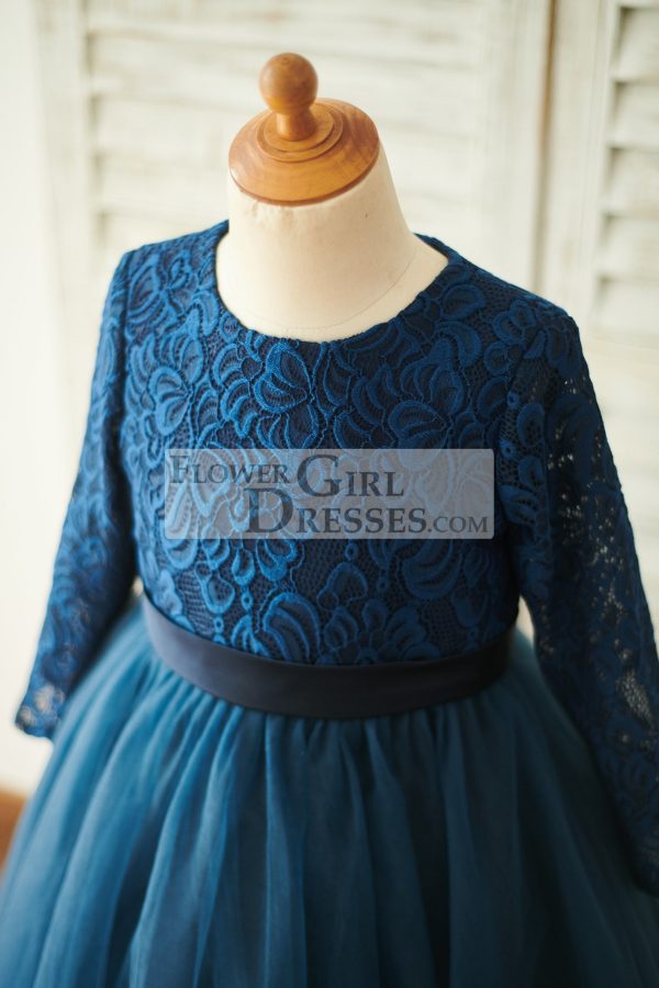 Navy Blue Lace Tulle Long Sleeves Wedding Flower Girl Dress - Image 3