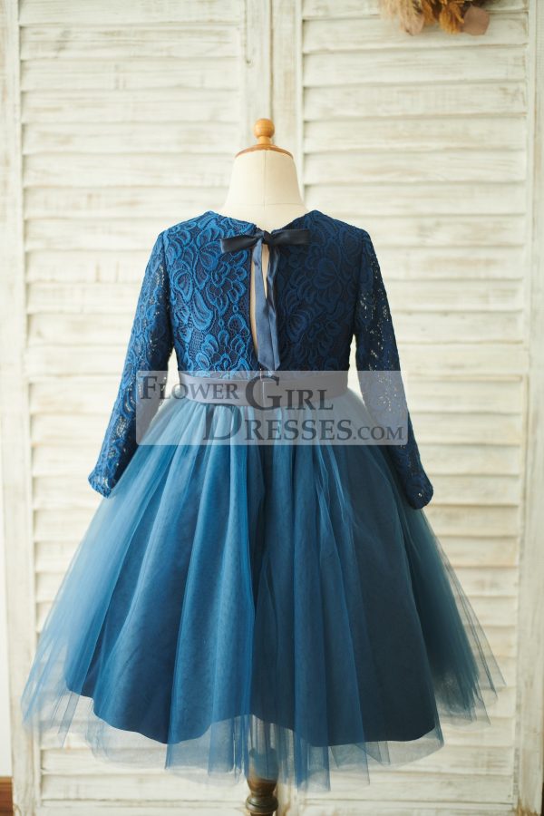 Navy Blue Lace Tulle Long Sleeves Wedding Flower Girl Dress - Image 2