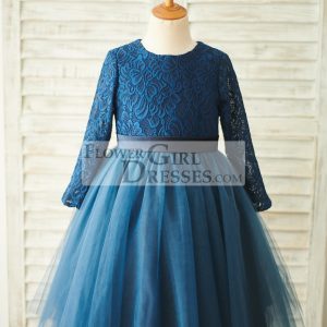 Navy Blue Lace Tulle Long Sleeves Wedding Flower Girl Dress