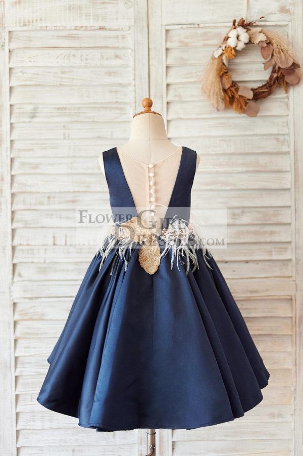Navy Blue Satin V Neck Wedding Party Flower Girl Dress - Image 2
