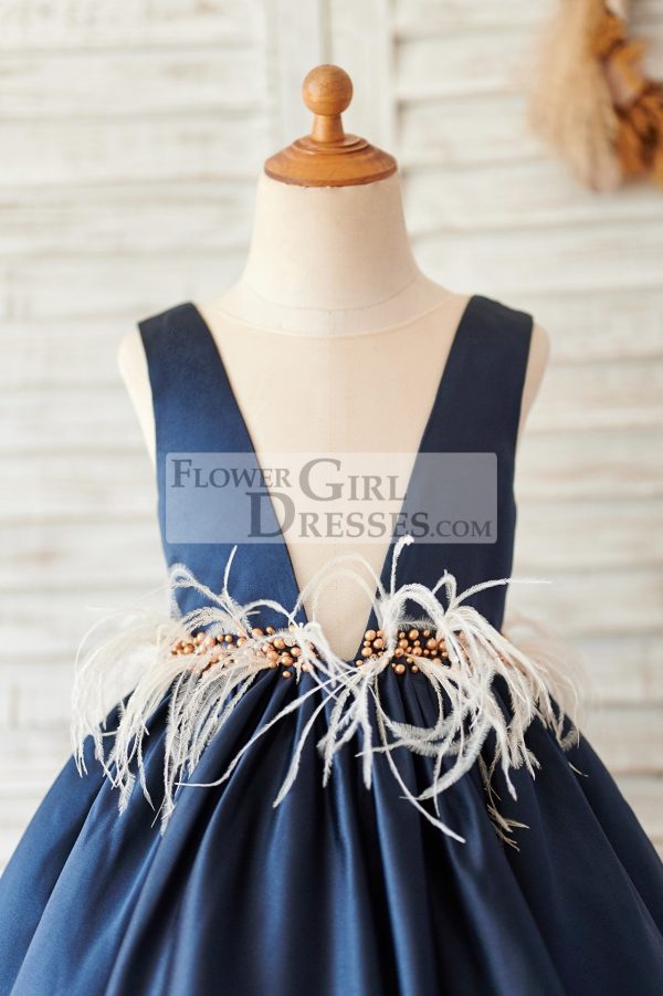 Navy Blue Satin V Neck Wedding Party Flower Girl Dress - Image 3