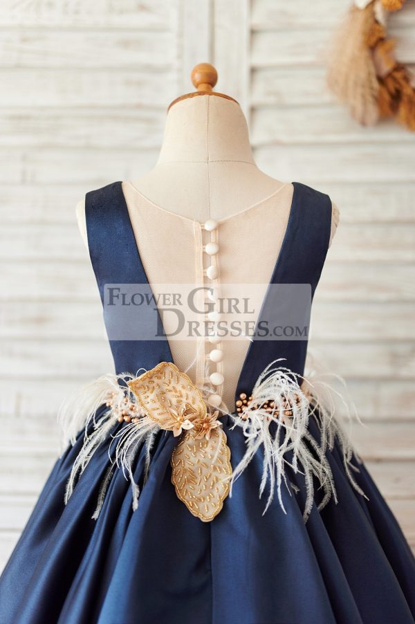 Navy Blue Satin V Neck Wedding Party Flower Girl Dress - Image 4
