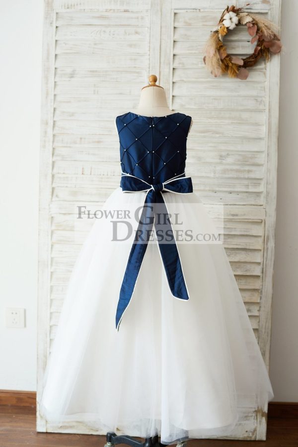 Navy Blue Taffeta Ivory Tulle Wedding Party Flower Girl Dress, Pearls - Image 2