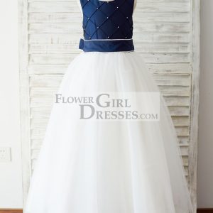Navy Blue Taffeta Ivory Tulle Wedding Party Flower Girl Dress, Pearls