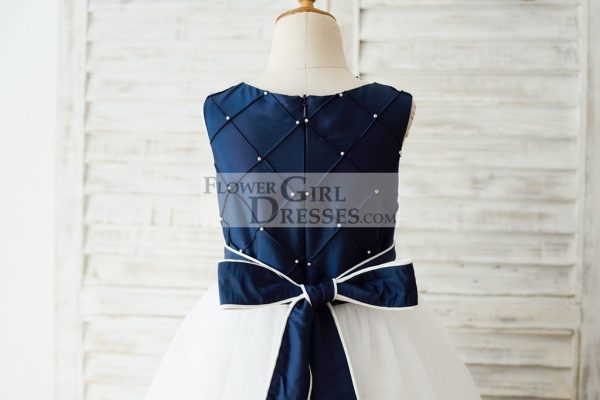 Navy Blue Taffeta Ivory Tulle Wedding Party Flower Girl Dress, Pearls - Image 5