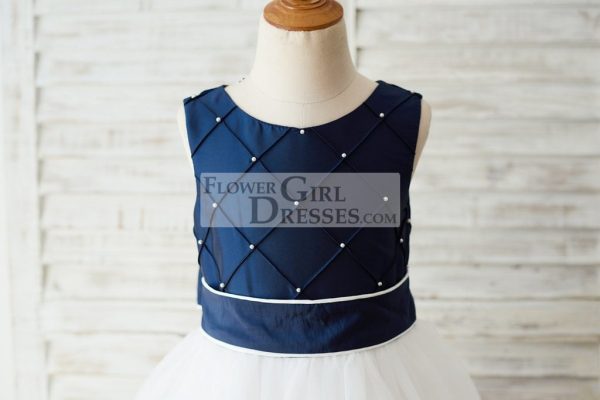Navy Blue Taffeta Ivory Tulle Wedding Party Flower Girl Dress, Pearls - Image 3