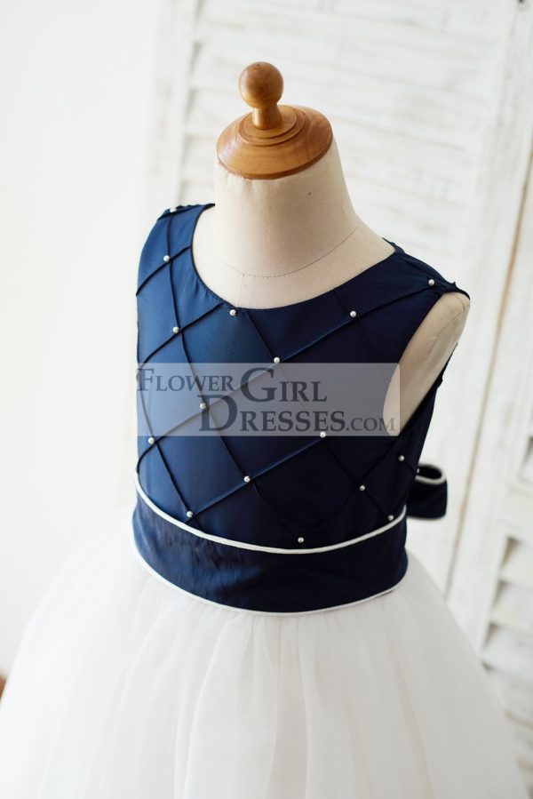 Navy Blue Taffeta Ivory Tulle Wedding Party Flower Girl Dress, Pearls - Image 4