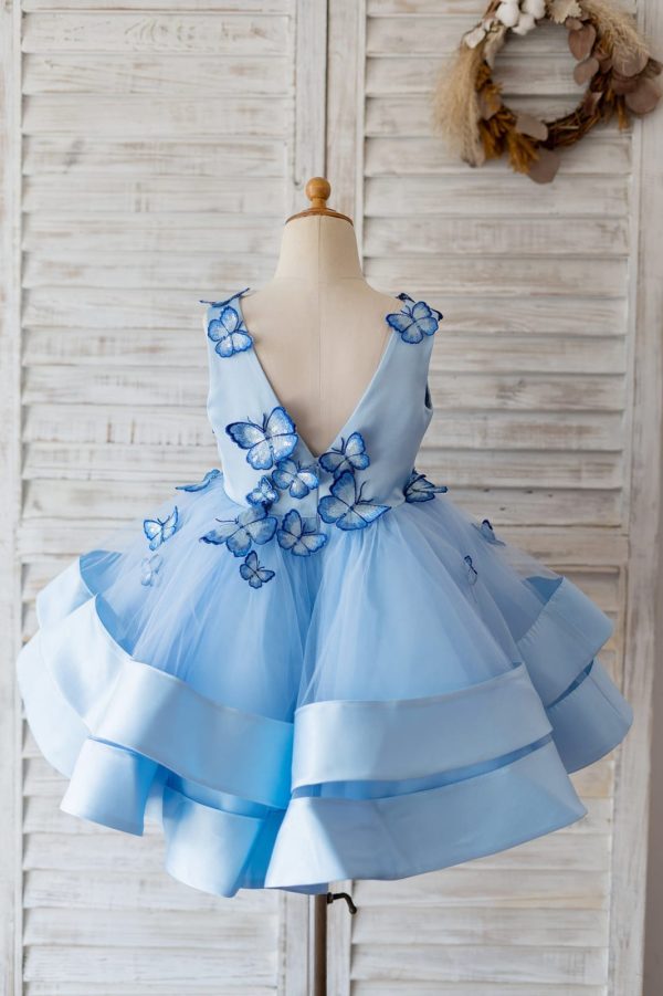 V Neck Blue Satin Butterfly Wedding Flower Girl Dress, Horsehair Hem - Image 2