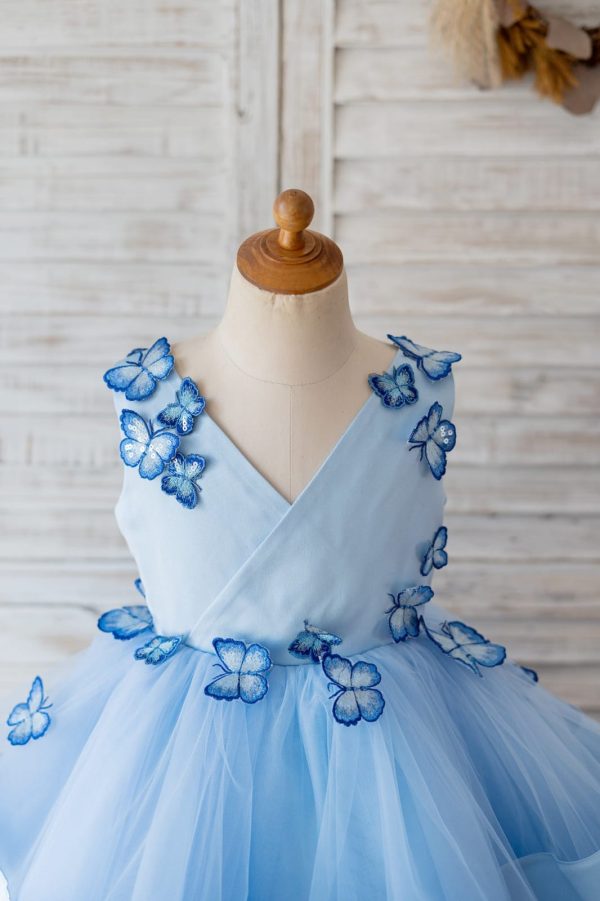 V Neck Blue Satin Butterfly Wedding Flower Girl Dress, Horsehair Hem - Image 3