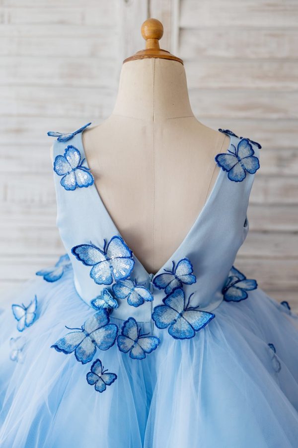 V Neck Blue Satin Butterfly Wedding Flower Girl Dress, Horsehair Hem - Image 4