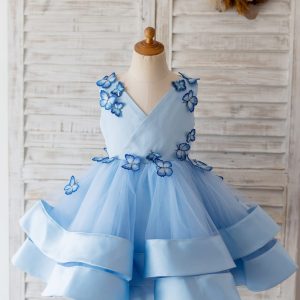 V Neck Blue Satin Butterfly Wedding Flower Girl Dress, Horsehair Hem