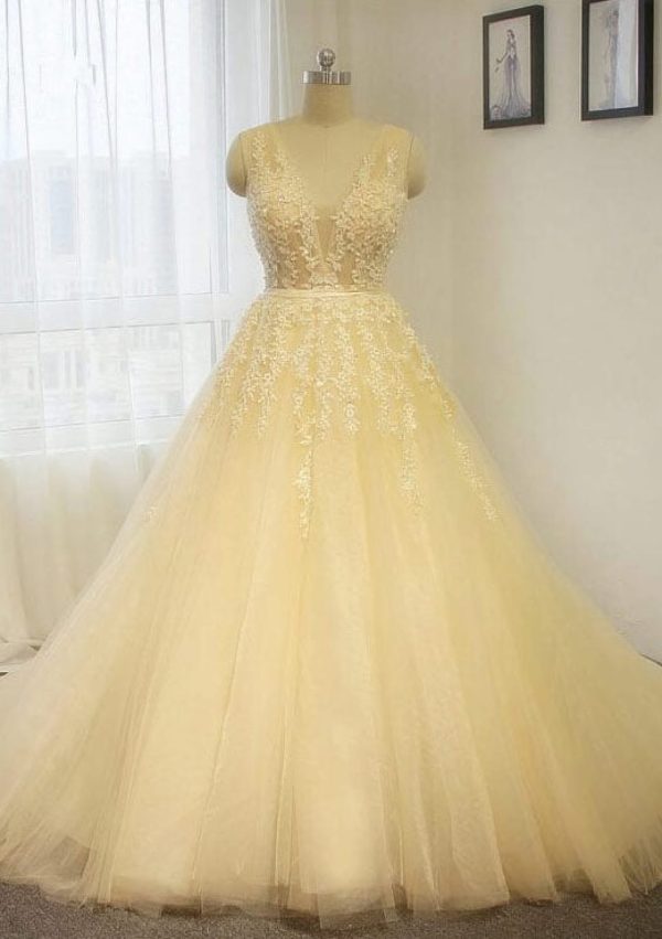 V-Neck Chapel Train A-Line Sleeveless Champagne Tulle Wedding Dress - Image 3