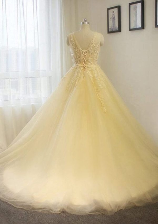 V-Neck Chapel Train A-Line Sleeveless Champagne Tulle Wedding Dress - Image 2