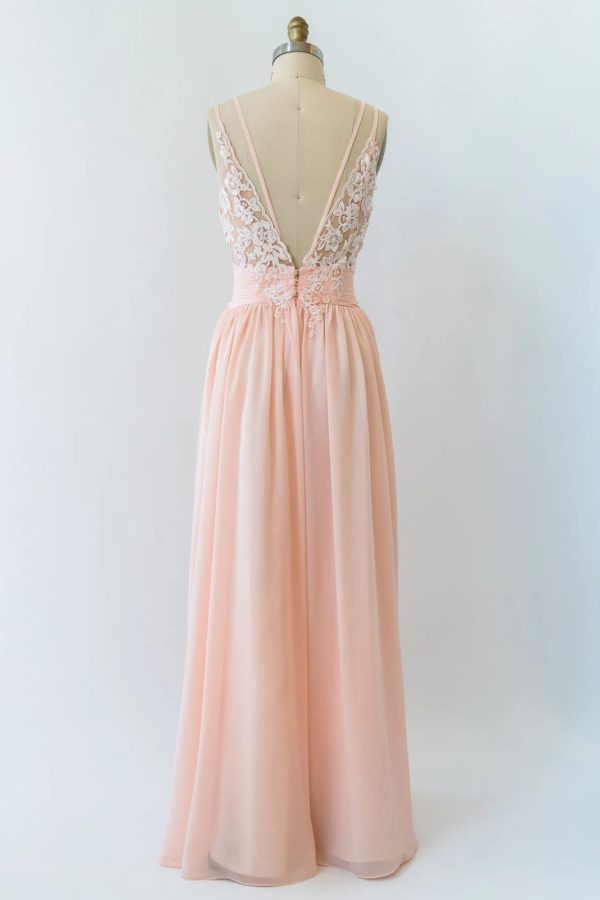 V Neck Double-strap Lace Blush Pink Chiffon Long Bridesmaid Dress - Image 2
