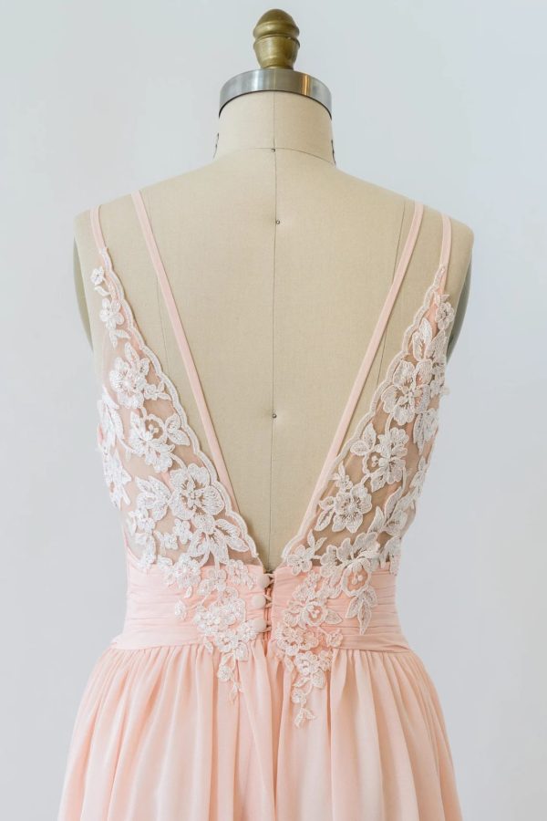 V Neck Double-strap Lace Blush Pink Chiffon Long Bridesmaid Dress - Image 4