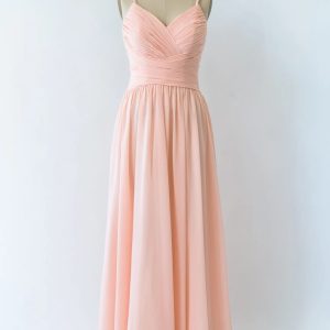 V Neck Double-strap Lace Blush Pink Chiffon Long Bridesmaid Dress