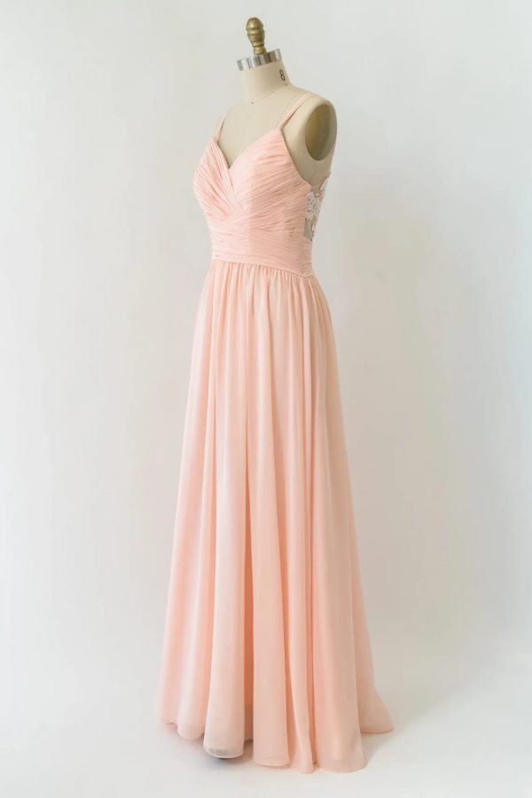 V Neck Double-strap Lace Blush Pink Chiffon Long Bridesmaid Dress - Image 5