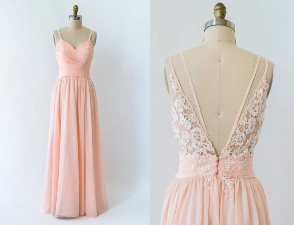 V Neck Double-strap Lace Blush Pink Chiffon Long Bridesmaid Dress - Image 7