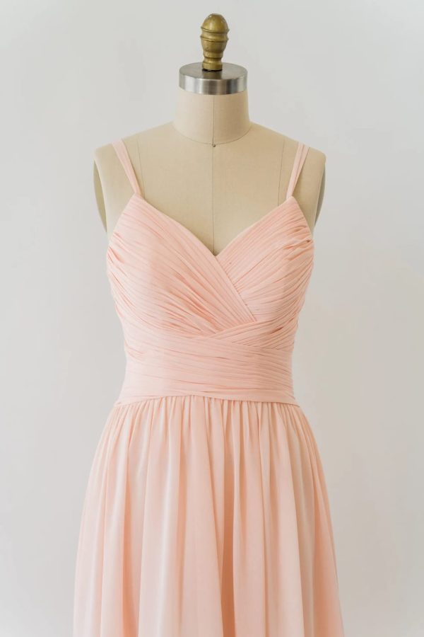 V Neck Double-strap Lace Blush Pink Chiffon Long Bridesmaid Dress - Image 3