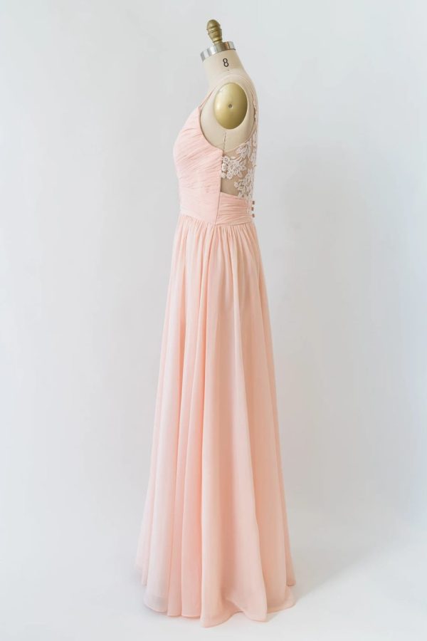 V Neck Double-strap Lace Blush Pink Chiffon Long Bridesmaid Dress - Image 6