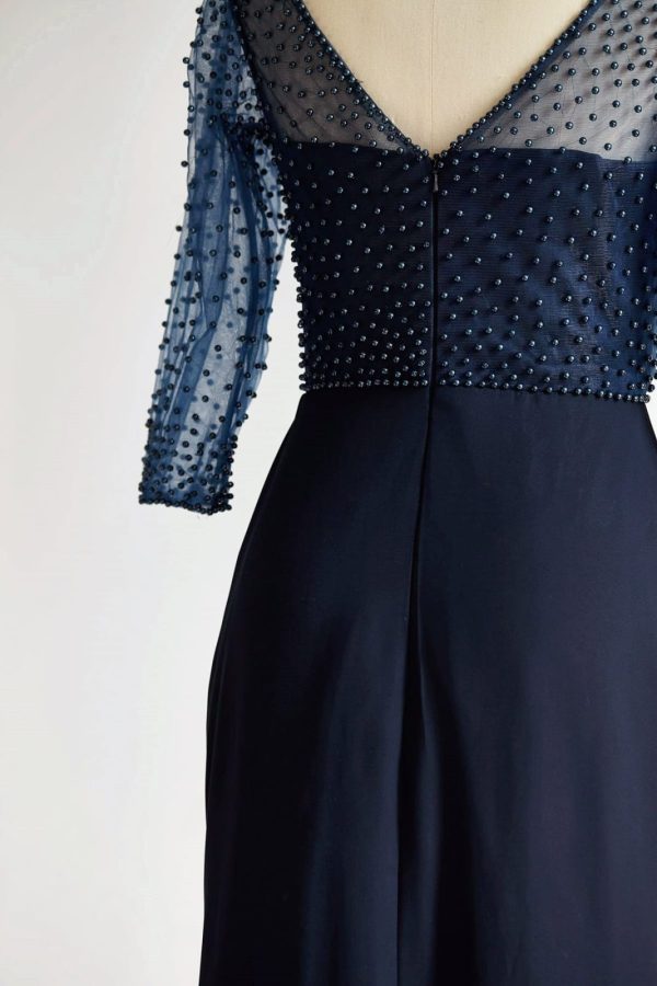 V Neck Elbow Length Sleeves Navy Blue Beaded Chiffon Tulle Wedding Mother Dress - Image 5