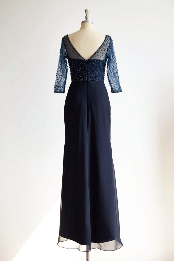 V Neck Elbow Length Sleeves Navy Blue Beaded Chiffon Tulle Wedding Mother Dress - Image 2