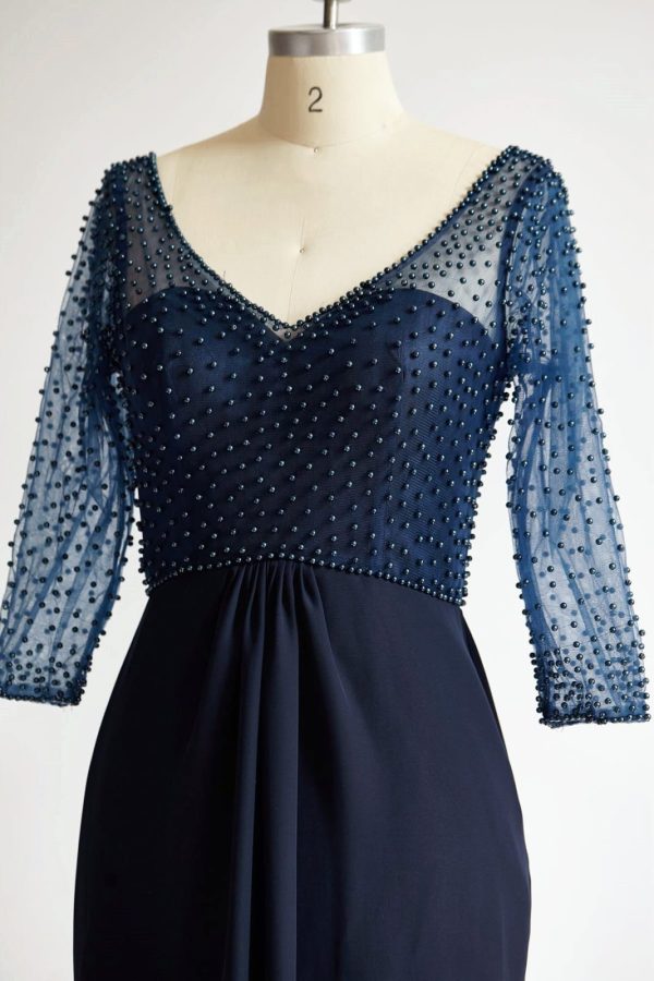 V Neck Elbow Length Sleeves Navy Blue Beaded Chiffon Tulle Wedding Mother Dress - Image 4