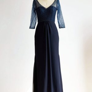V Neck Elbow Length Sleeves Navy Blue Beaded Chiffon Tulle Wedding Mother Dress