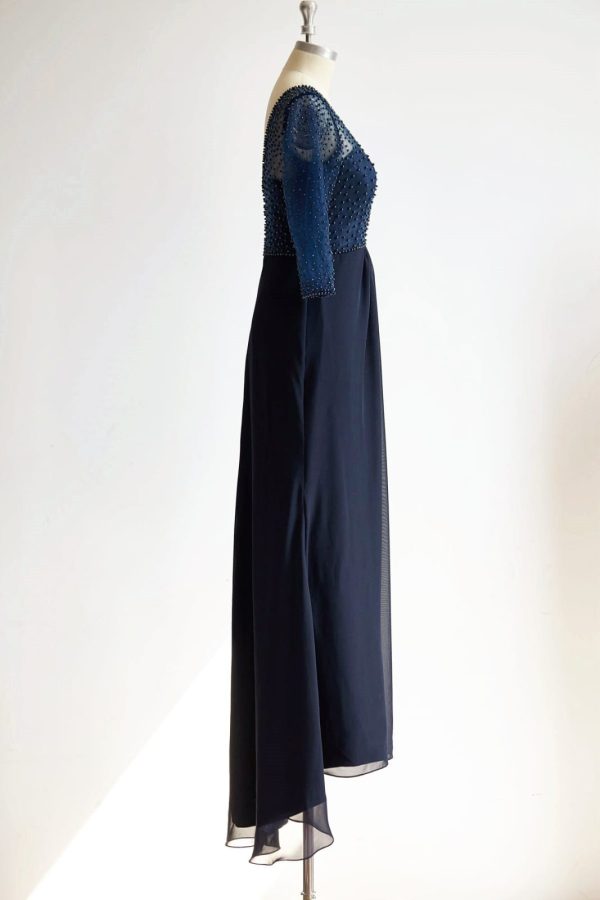 V Neck Elbow Length Sleeves Navy Blue Beaded Chiffon Tulle Wedding Mother Dress - Image 3