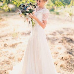V-Neck Floor Length Lace Chiffon A-line Wedding Dress, Sash