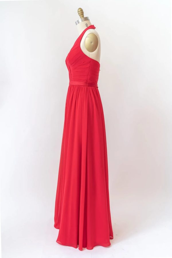 V Neck Halter Sleeveless Backless Red Chiffon Bridesmaid Dress, Belt - Image 7