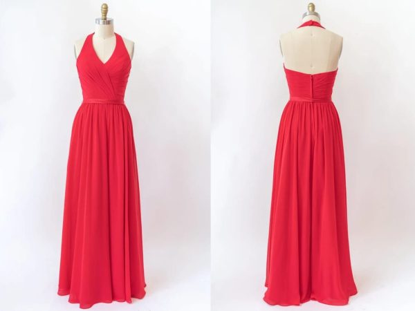 V Neck Halter Sleeveless Backless Red Chiffon Bridesmaid Dress, Belt - Image 3