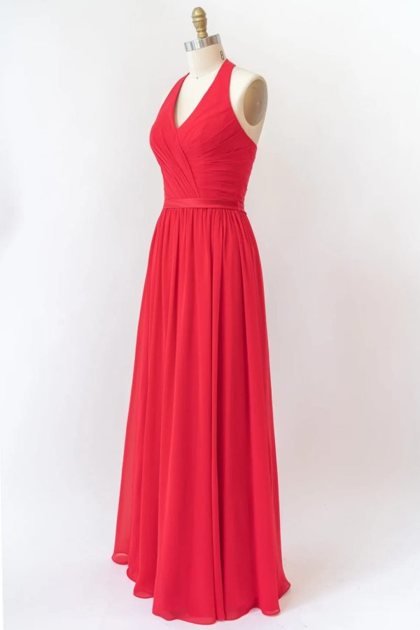 V Neck Halter Sleeveless Backless Red Chiffon Bridesmaid Dress, Belt - Image 6