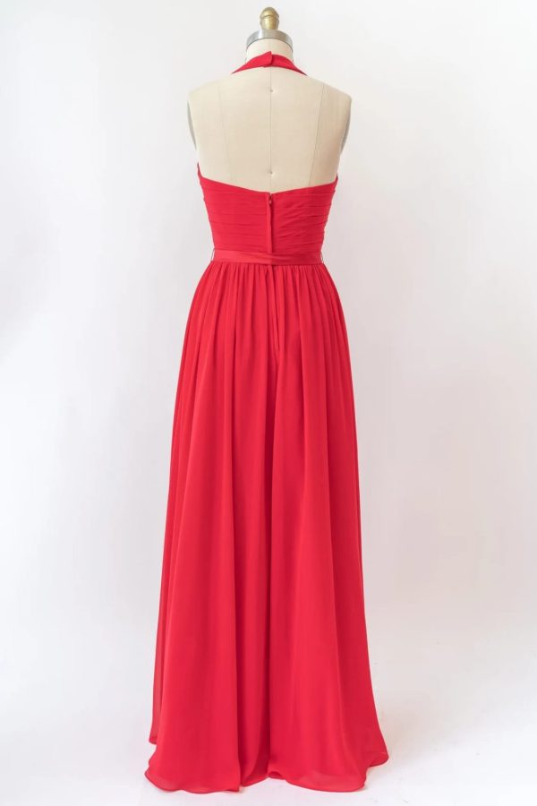 V Neck Halter Sleeveless Backless Red Chiffon Bridesmaid Dress, Belt - Image 2