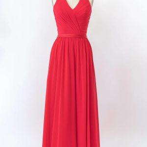 V Neck Halter Sleeveless Backless Red Chiffon Bridesmaid Dress, Belt