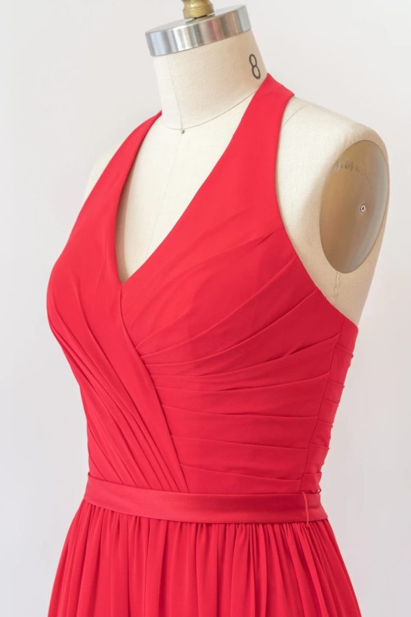 V Neck Halter Sleeveless Backless Red Chiffon Bridesmaid Dress, Belt - Image 5